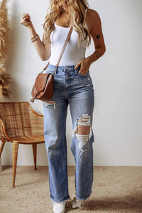 Threaded Pear - Distressed High Waist Straight Jeans