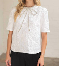 Voy - Rhinestone Bow Shape Floral Jacquard Top