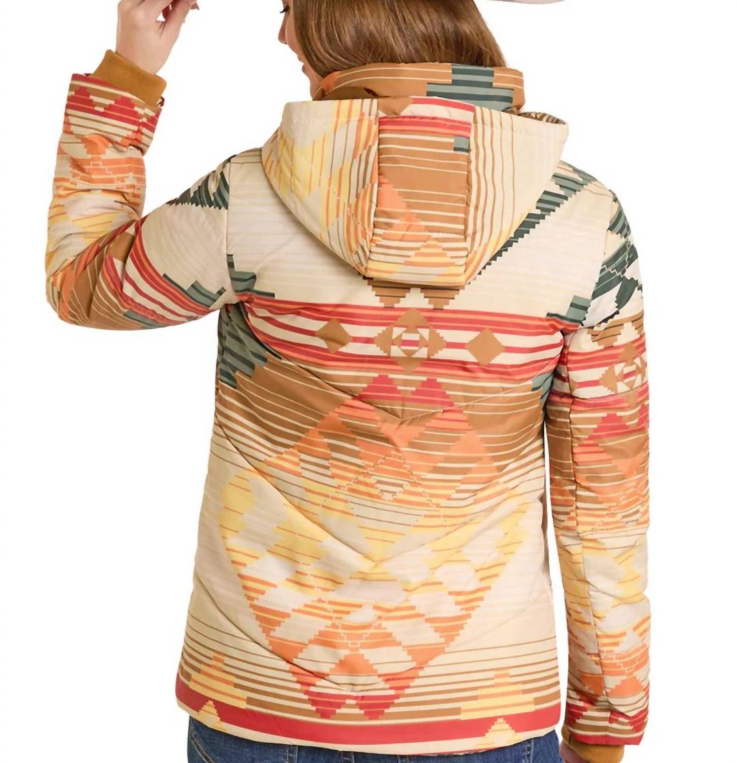 Rock & Roll Denim Serape Hooded Puffer Jacket in cream - women's jacket - detail view