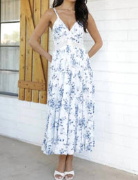 Angie - V-neck Lace Trim Printed Maxi Dress