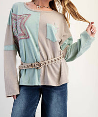 Easel - Color Block Cotton Top With Patches