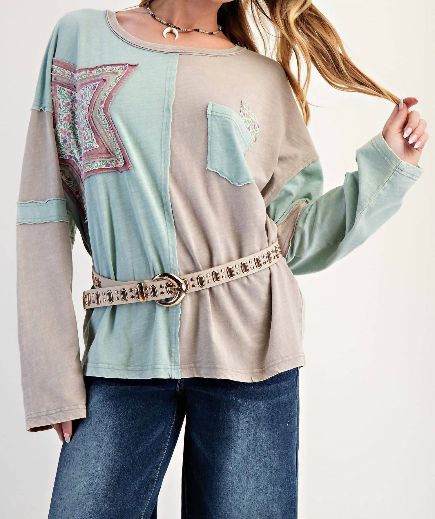 Easel - Color Block Cotton Top With Patches