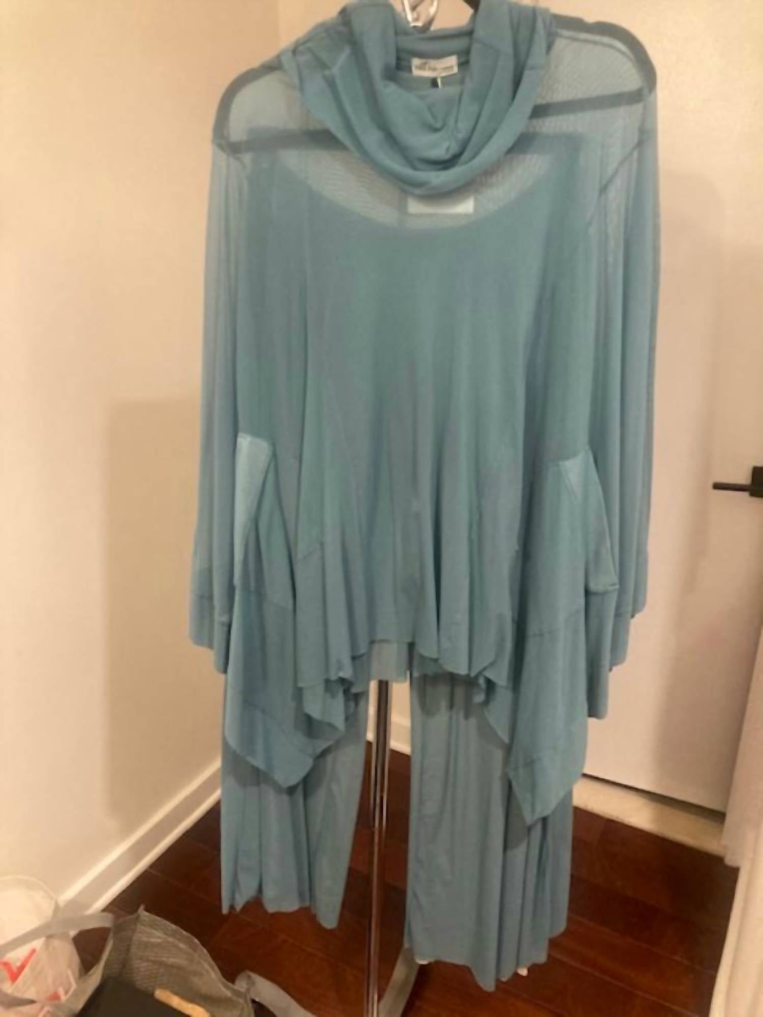 Petit Pois By Viviana G Women's Loose Poncho with Matching Pants in celeste - women's shirt