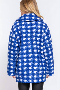Active Usa - Double Breasted Check Print Boucle Fleece Coat