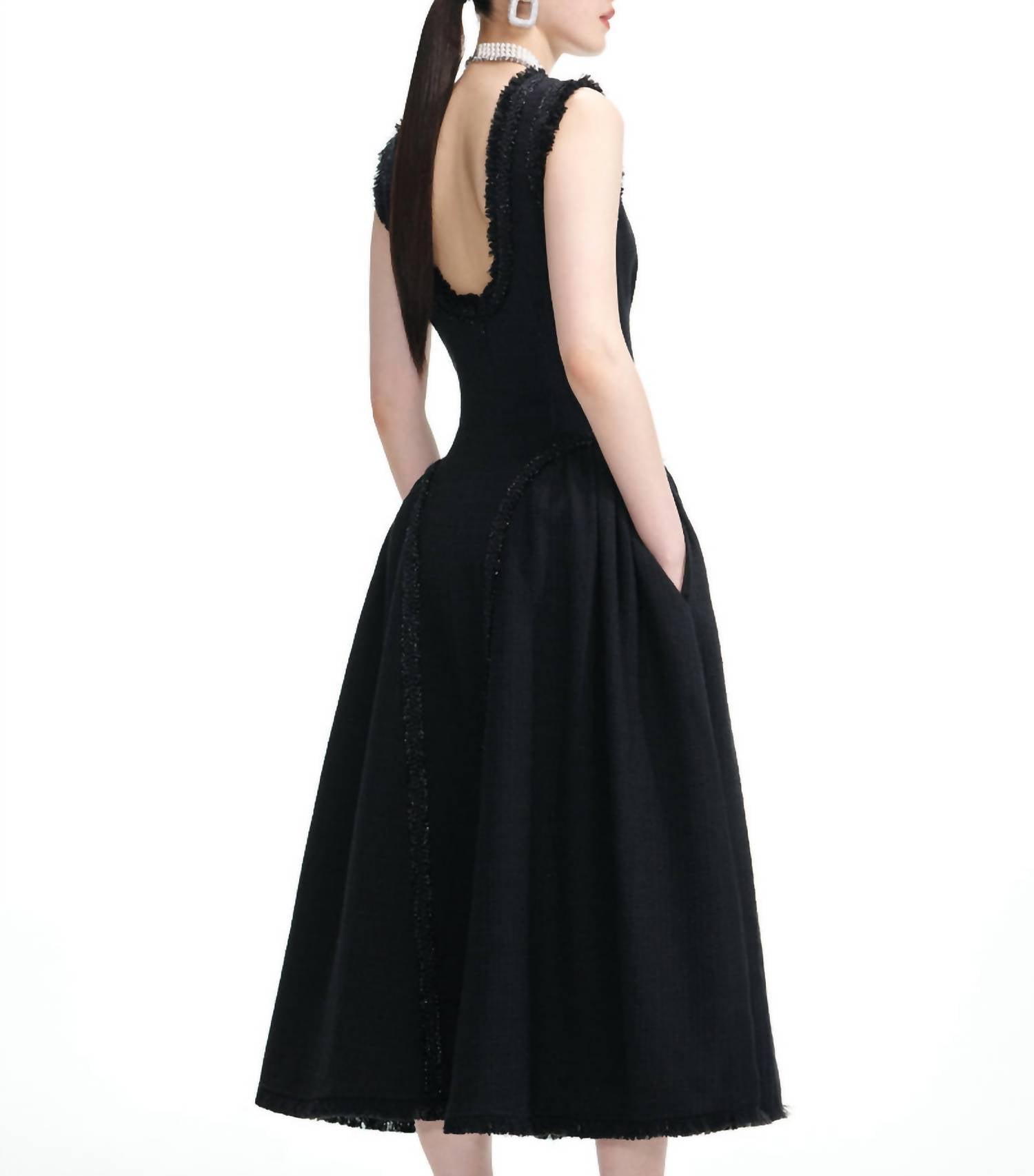 self-portrait Boucle Sleeveless Midi Dress in black - women's dress - detail view
