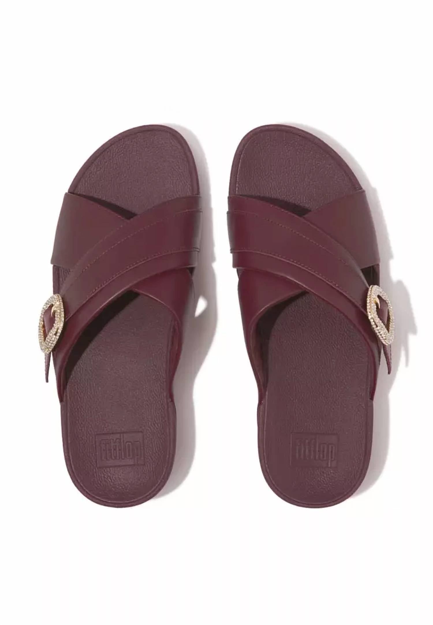 Fitflop - Women's Lulu Crystal-buckle Leather Cross Slides
