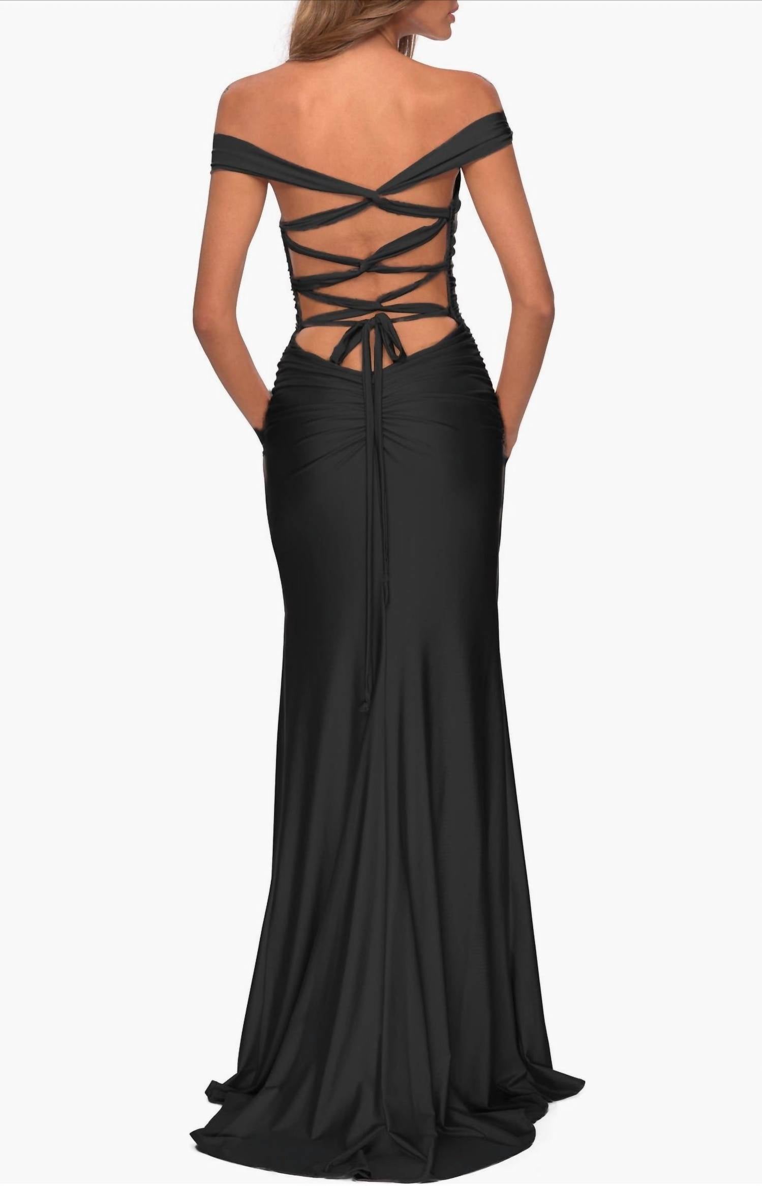 La Femme - Off The Shoulder Tie Back And Slit Open Back Prom Dress