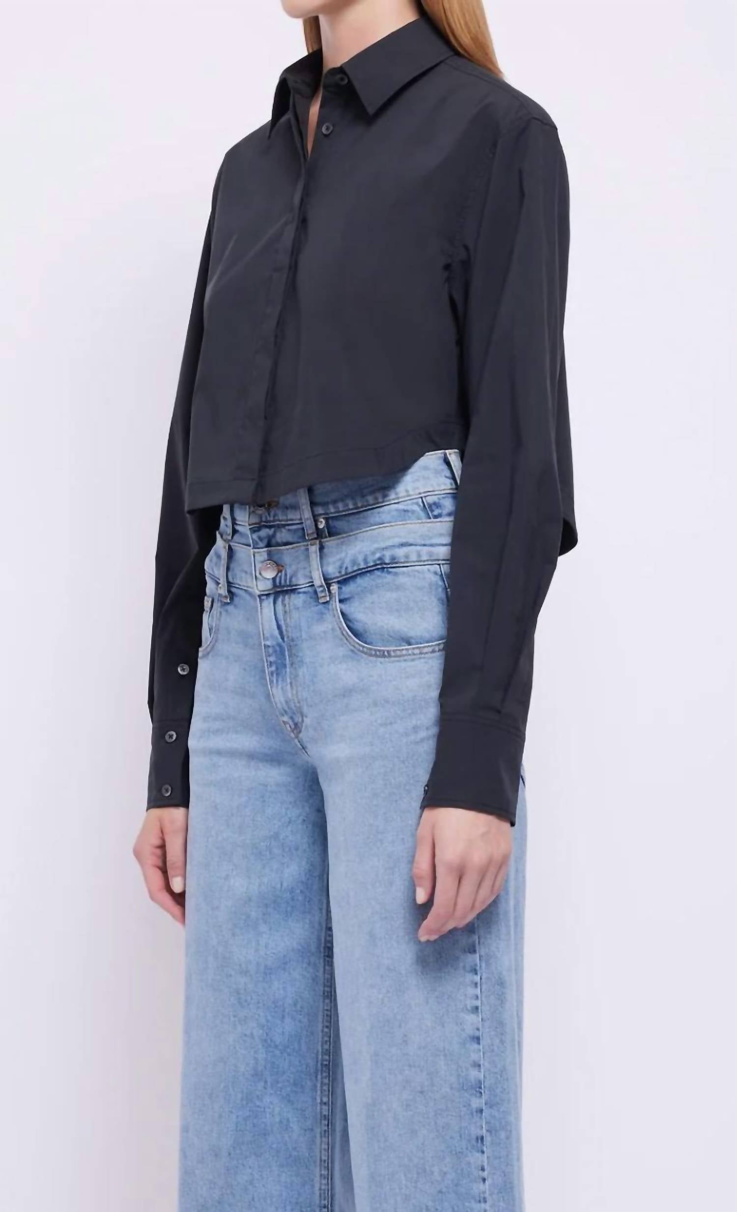 SIMKHAI Renata Cropped Shirt in black - women's shirt - detail view