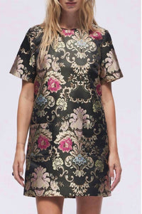 hermoza Joyce Floral Jacquard Embroidered Shift Mini Dress in black multi - women's dress - detail view