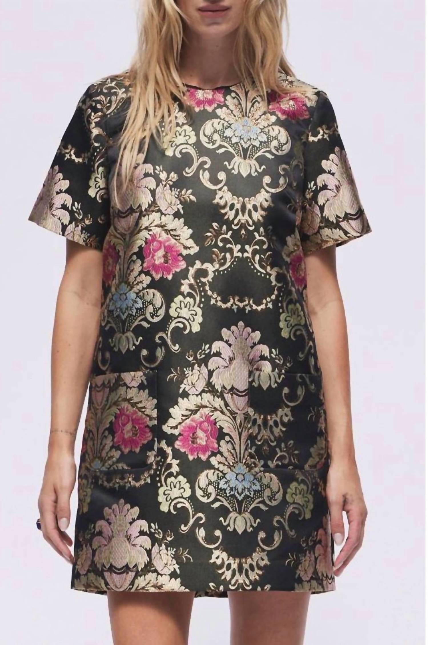 hermoza Joyce Floral Jacquard Embroidered Shift Mini Dress in black multi - women's dress - detail view