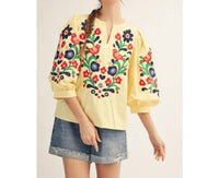Style USA Embroidered V-neck Woven Top in banana yellow - women's blouse - alternate view