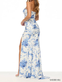 Sherri Hill Women's Fitted Floral Dress in ivory blue print - women's dress - detail view