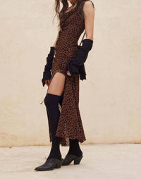 Promesa - Flocked Leopard Mesh Cowl Neck Maxi Dress