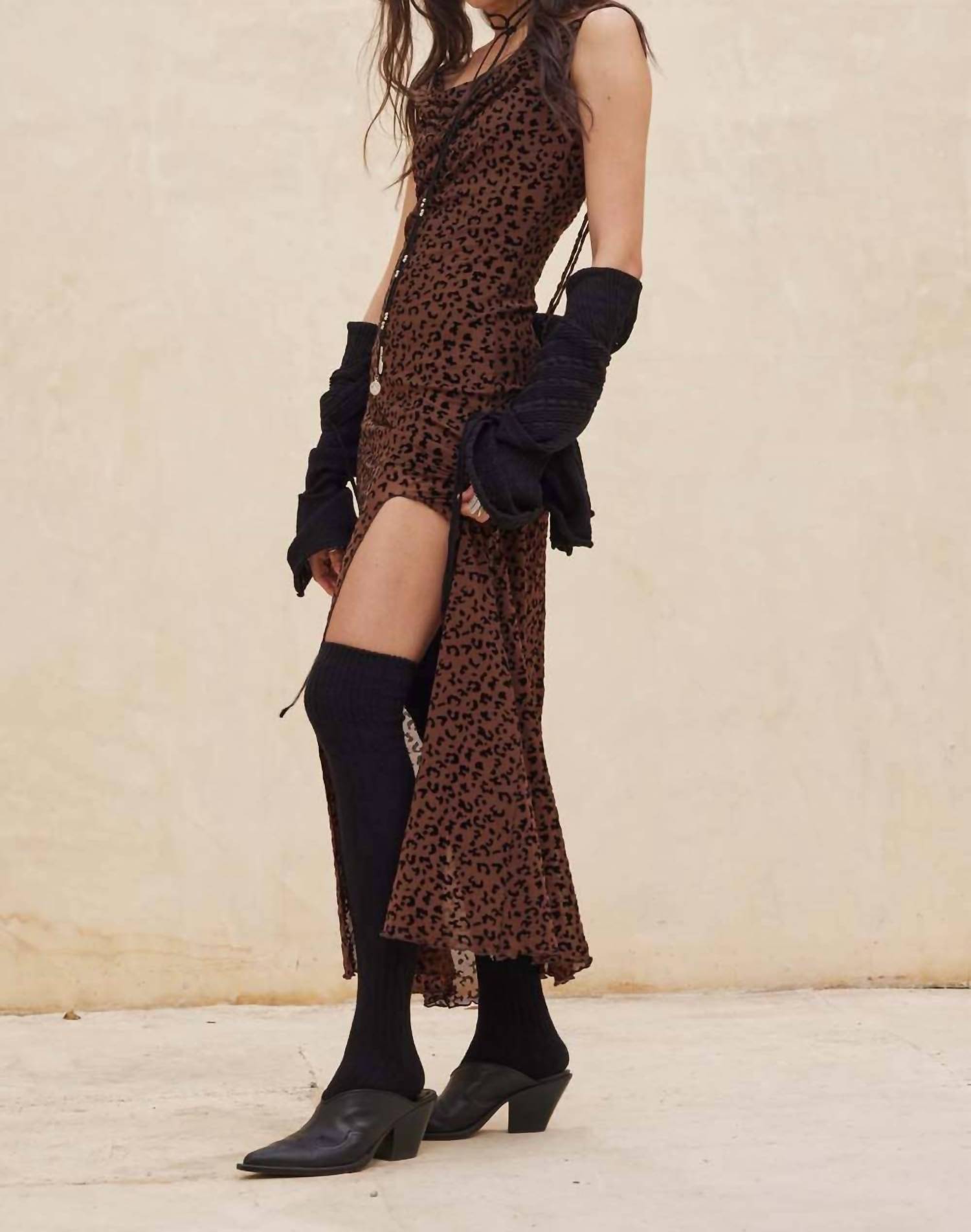 Promesa - Flocked Leopard Mesh Cowl Neck Maxi Dress