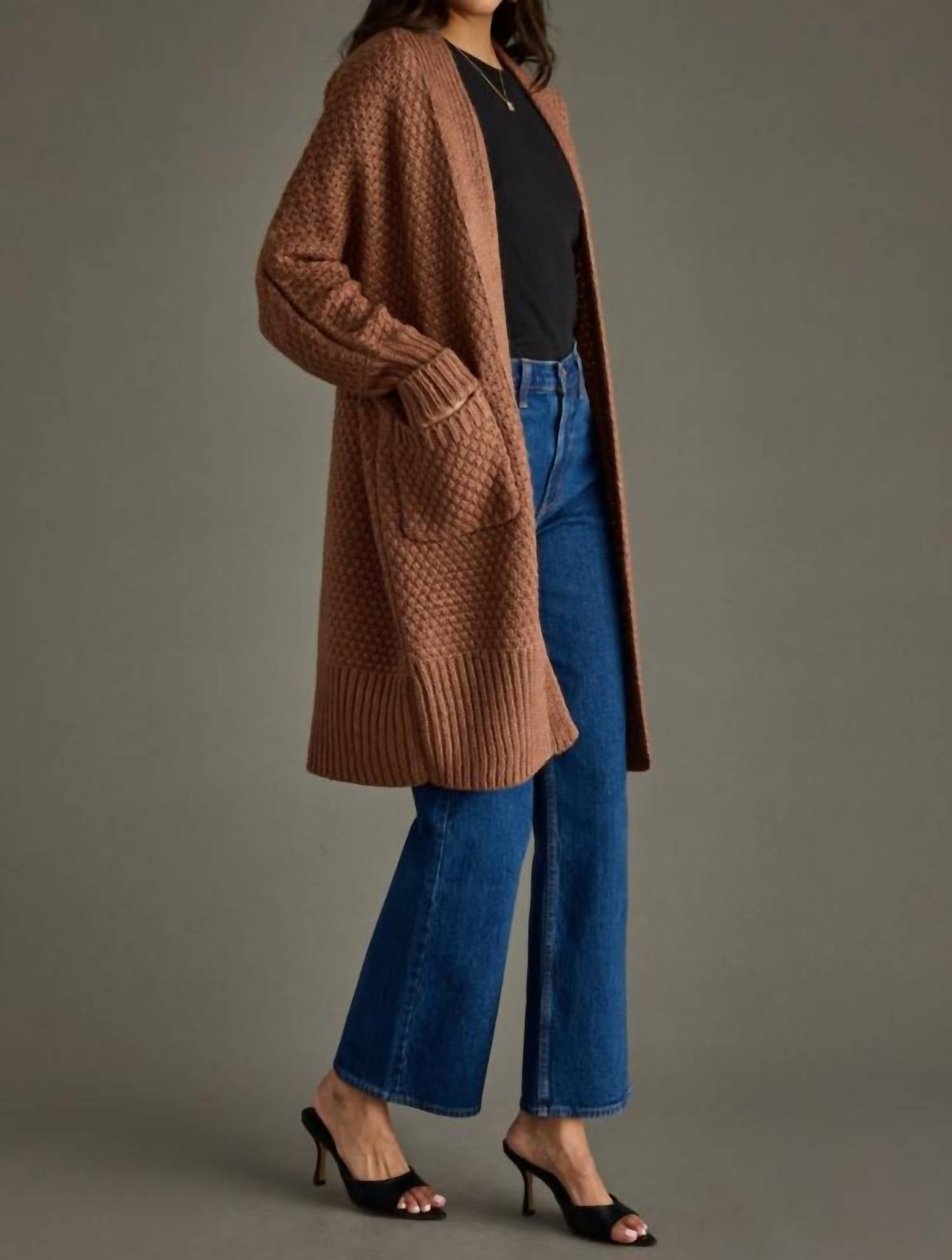 Panache Apparel Dale Knit Cardigan in brown - women's cardigan - detail view