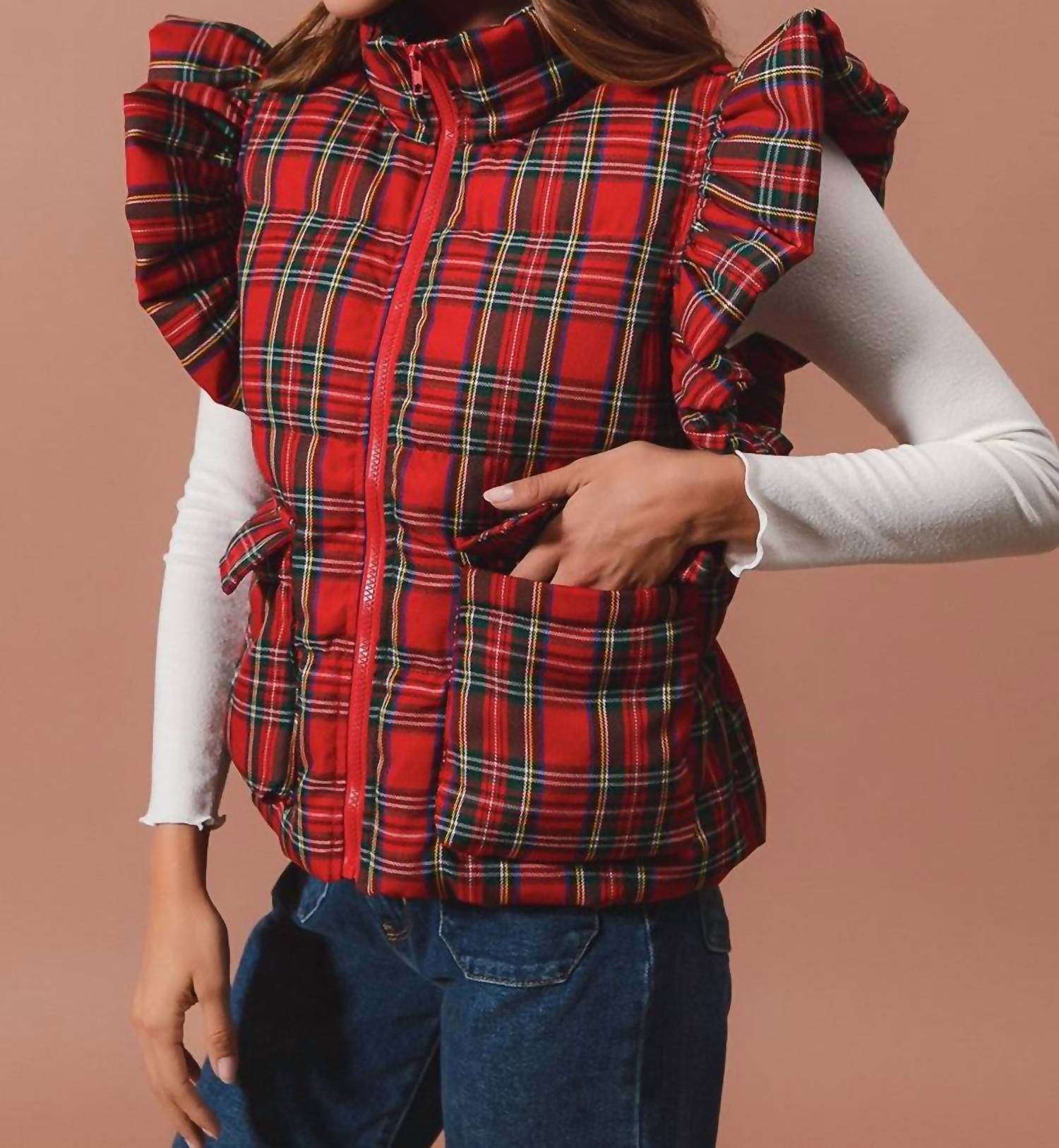 So Me - Ruffle Plaid Puffer Vest