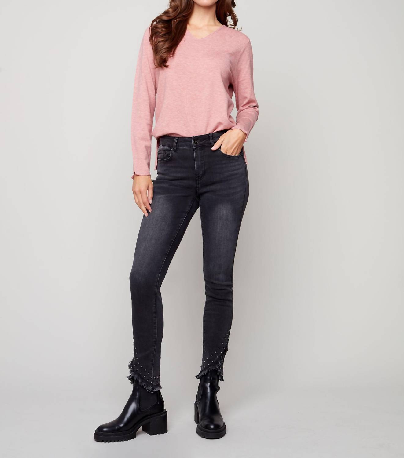 Charlie B - Front Crossed Hem Pants With Stud Detail