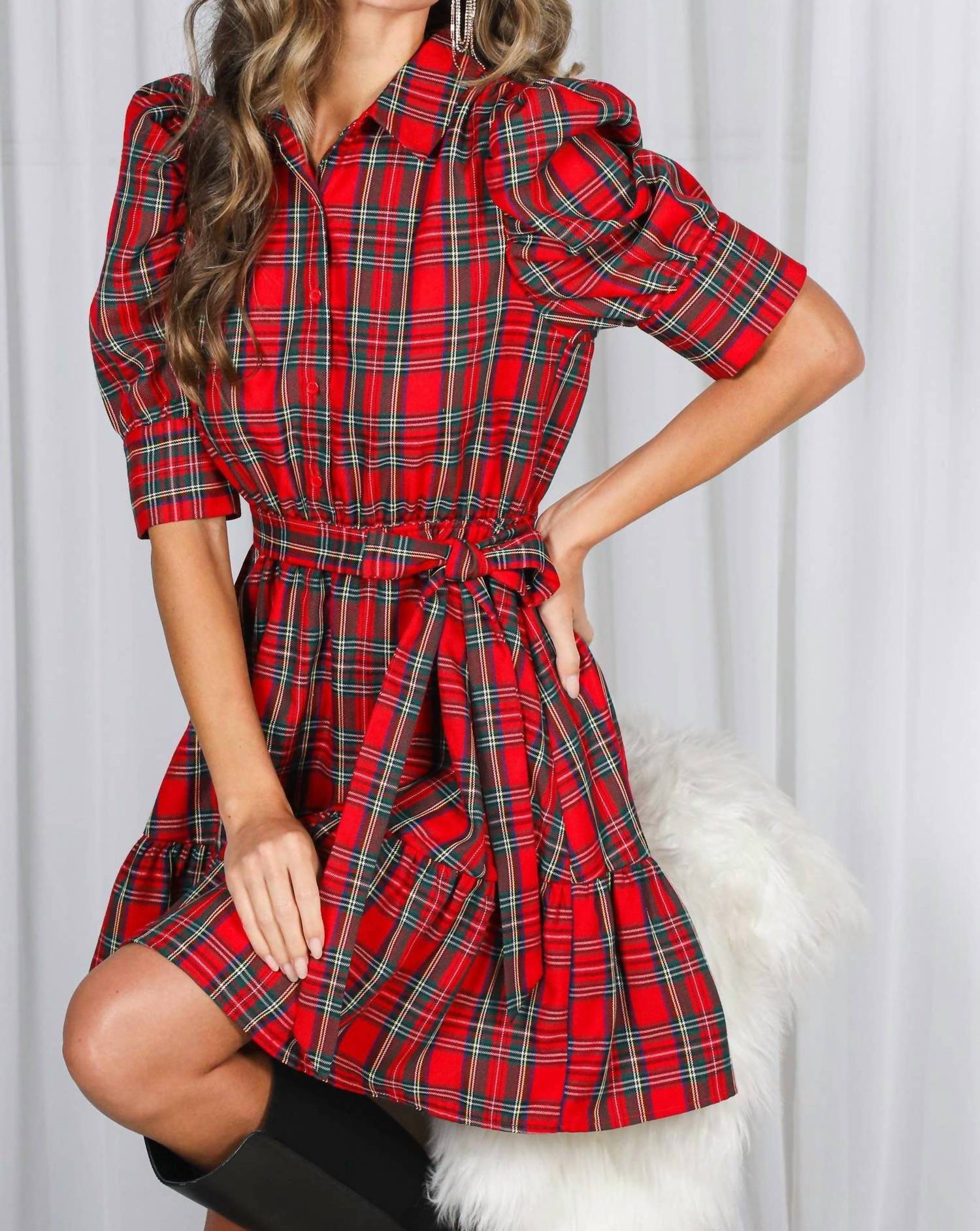 Vine & Love Plaid Short Puff Sleeve Mini Dress in red - women's dress - view 4