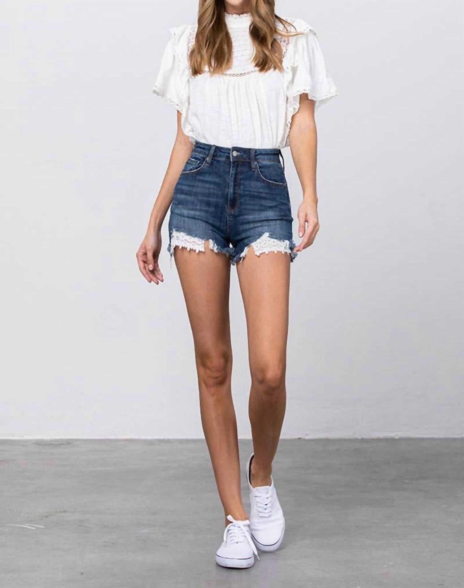 Insane Gene - High Rise Stretch Frayed Hem Lace Line Trim Shorts