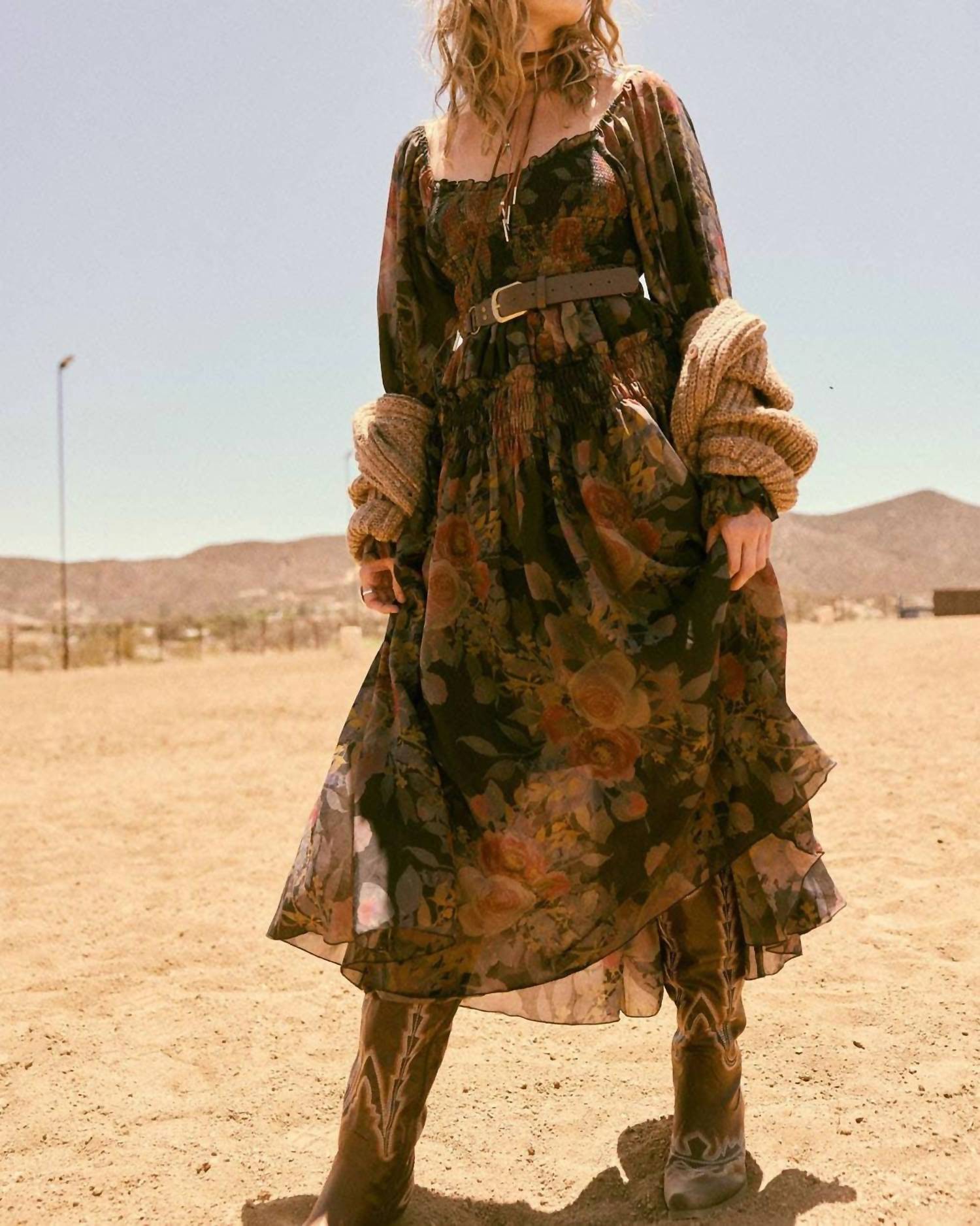 Promesa - Floral-print Smocked Bubble Sleeve Maxi Dress