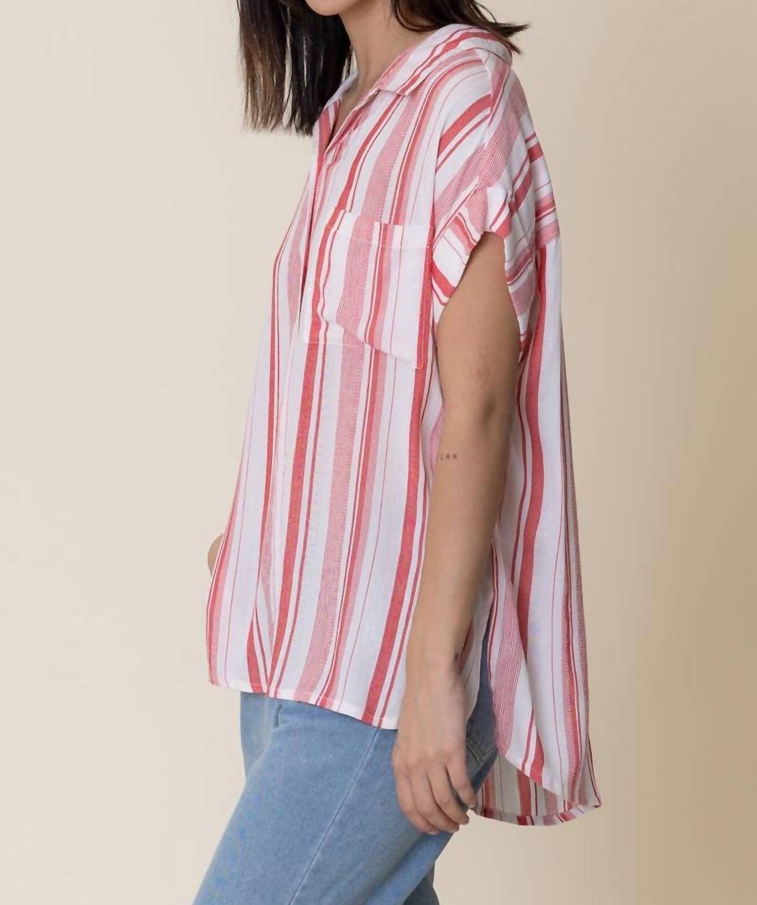 En Creme - Striped Short Sleeve Button Down Top