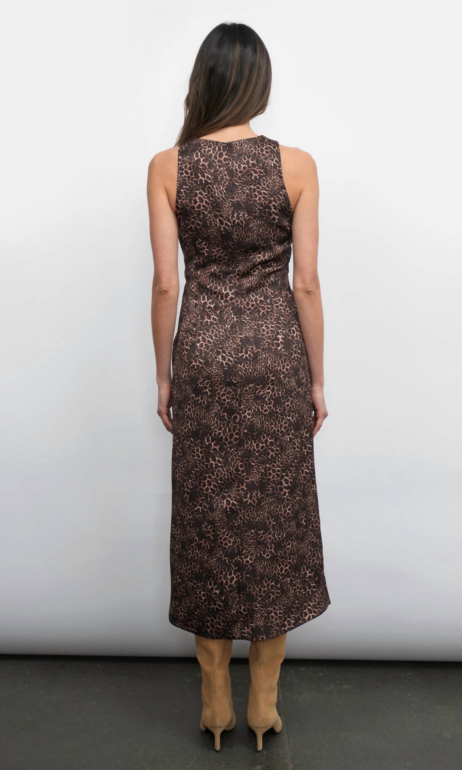 GREYLIN Marli Ruched Tie Front Midi Dress in brown - women's dress - alternate view