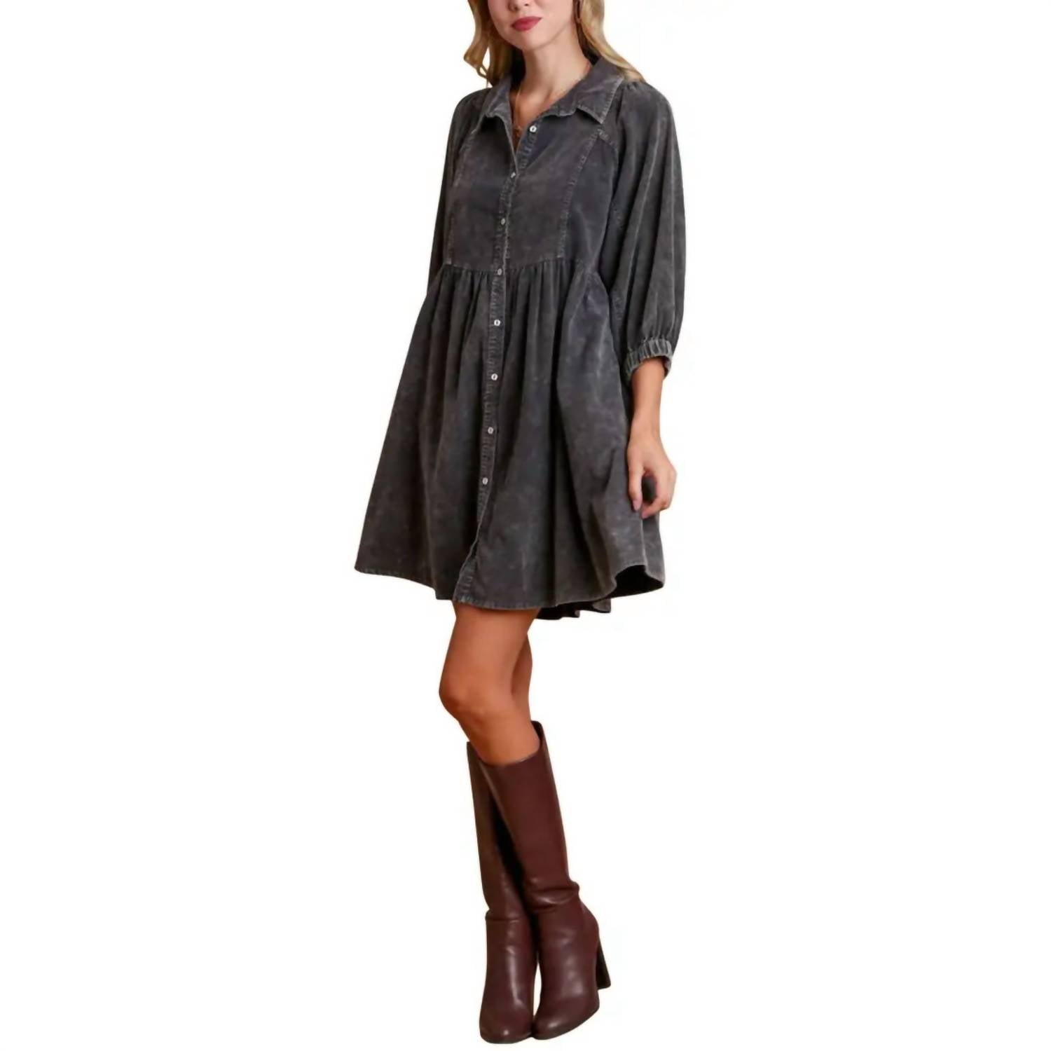 Bibi - Washed Corduroy Button Down Dress With Side Pocket