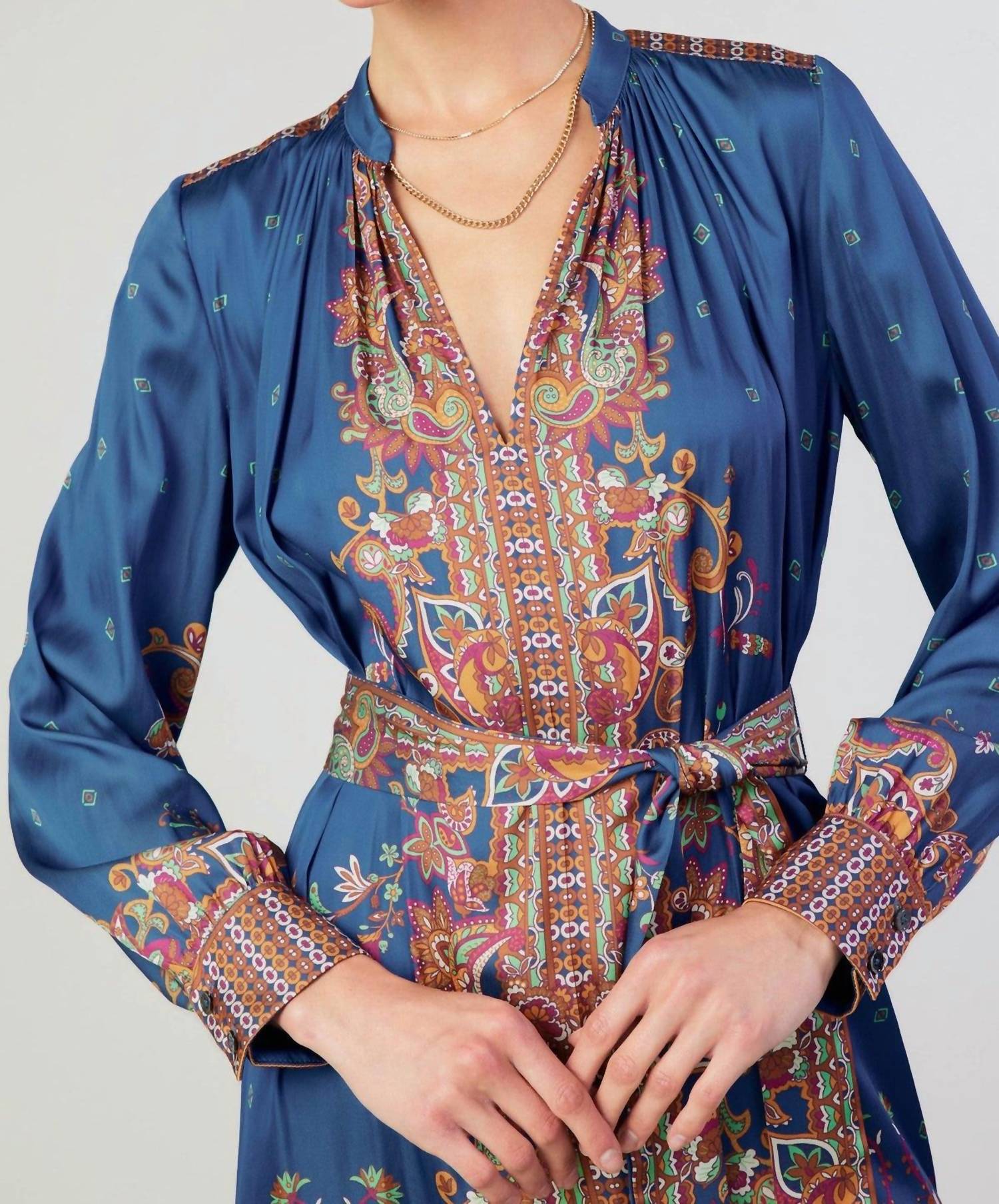 current air Border Print Long Sleeve Dress and Sash in navy - women's dress - alternate view