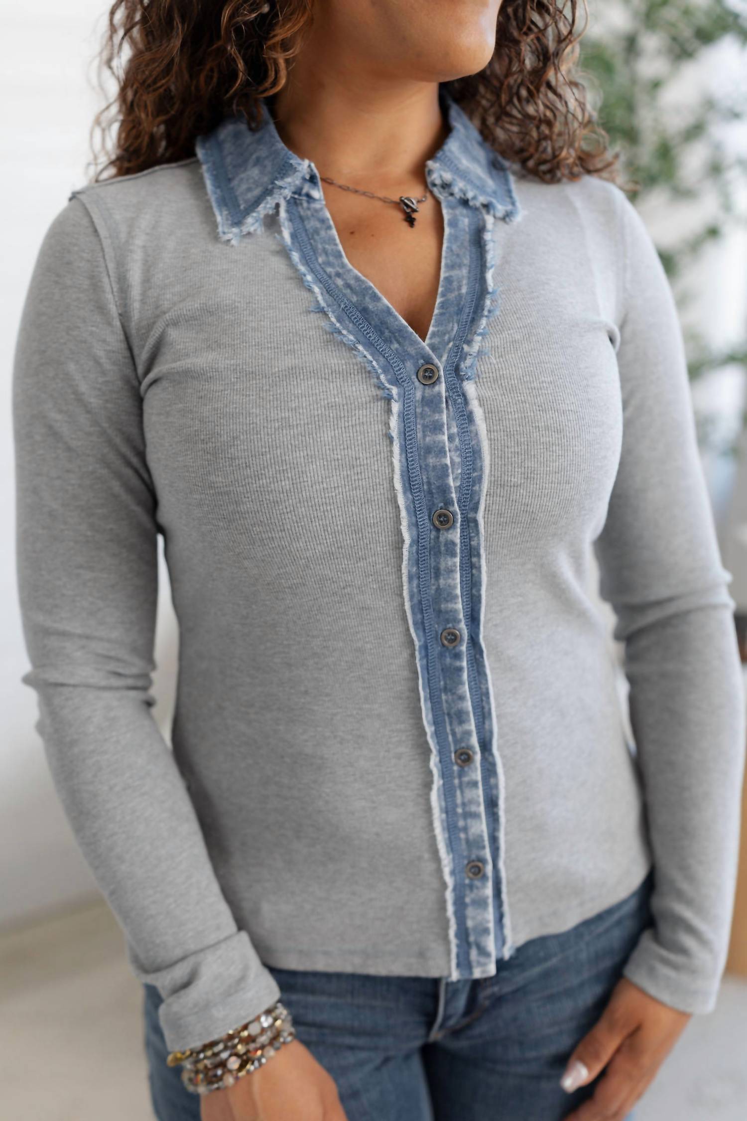 Mystree - Collared Washed Thermal Button Down Top