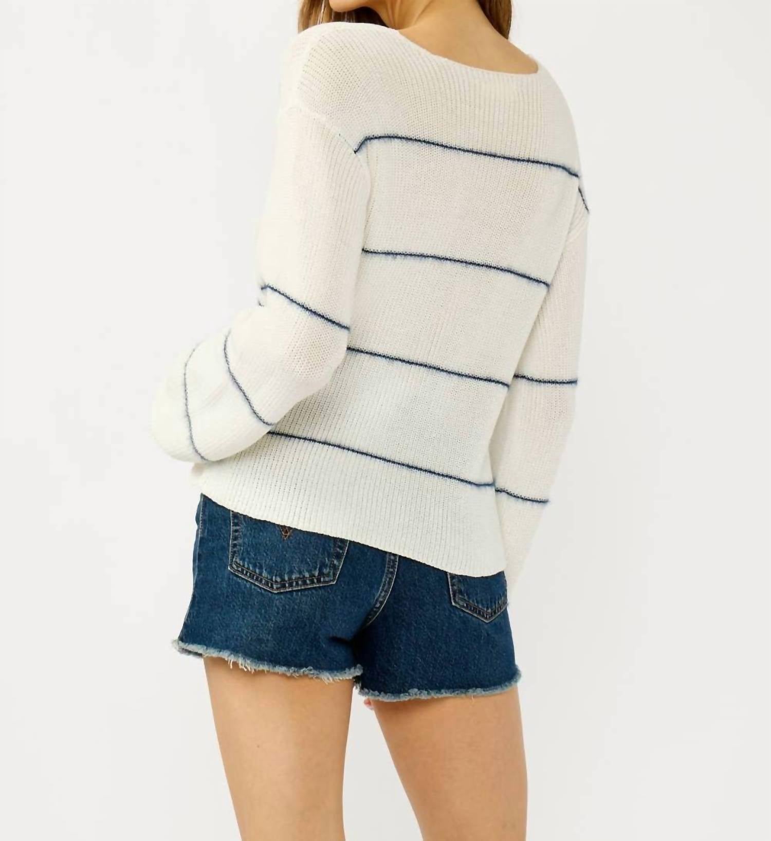 LOVESTITCH V-Neck Fuzzy Stripe Sweater in cream navy - women's sweater - alternate view