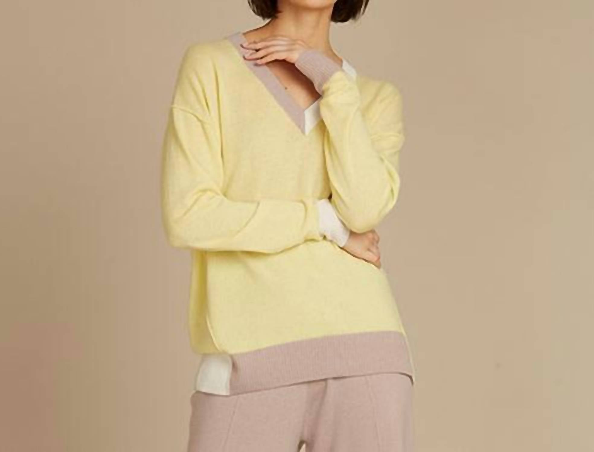 Autumn Cashmere Color Block V Sweater in banana combo - women's sweater