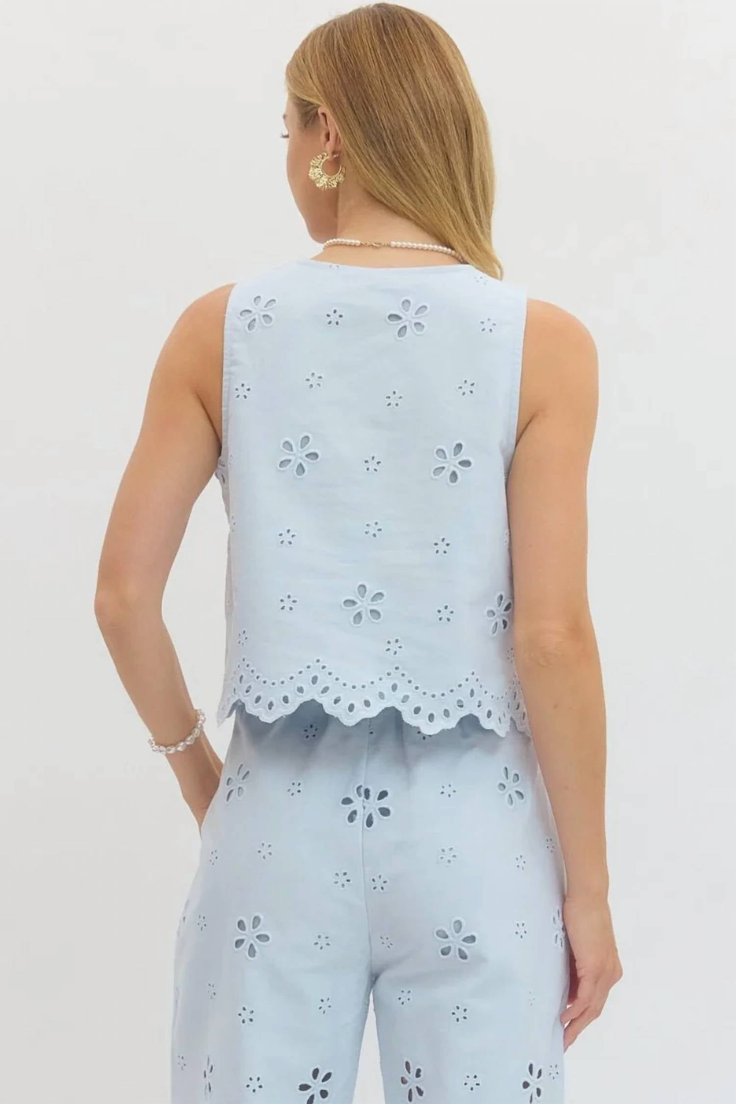 Entro - Fleur Eyelet Embroidered Vest & Pant Set