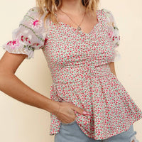 Kori - Floral Embroidered Mesh Sleeve Knit Top