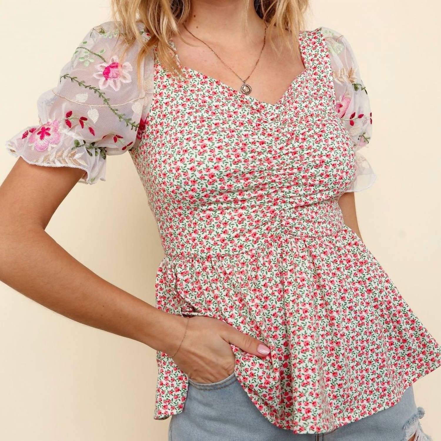 Kori - Floral Embroidered Mesh Sleeve Knit Top