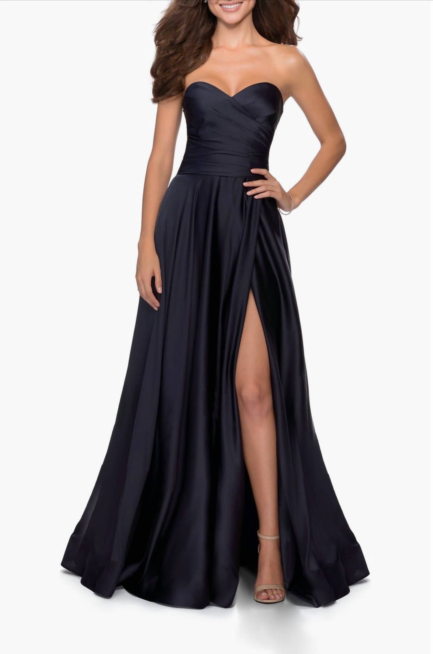 La Femme - Strapless Satin Gown With Pleated Bodice And Slit