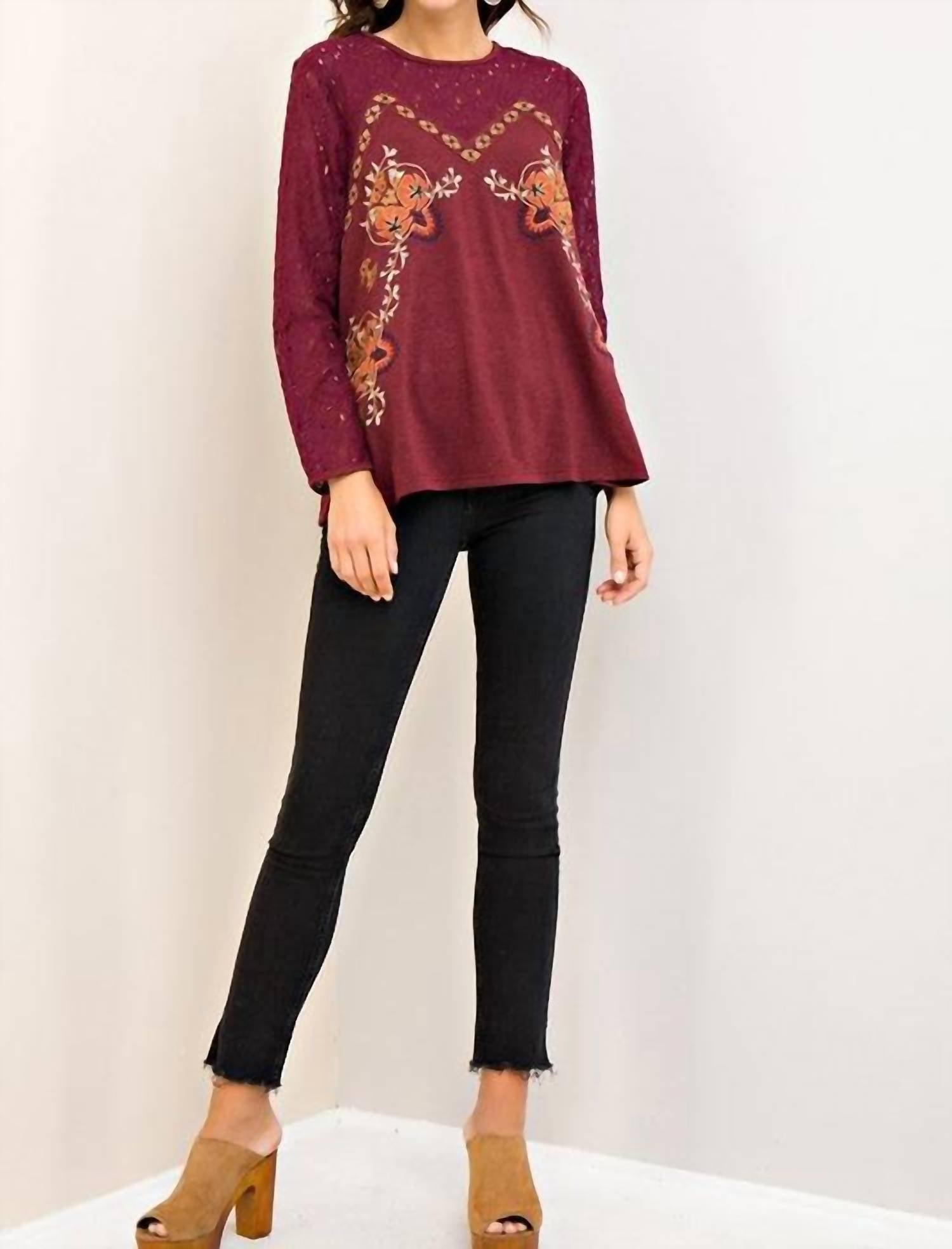 Entro - Embroidered Floral Eyelet Lace Blouse