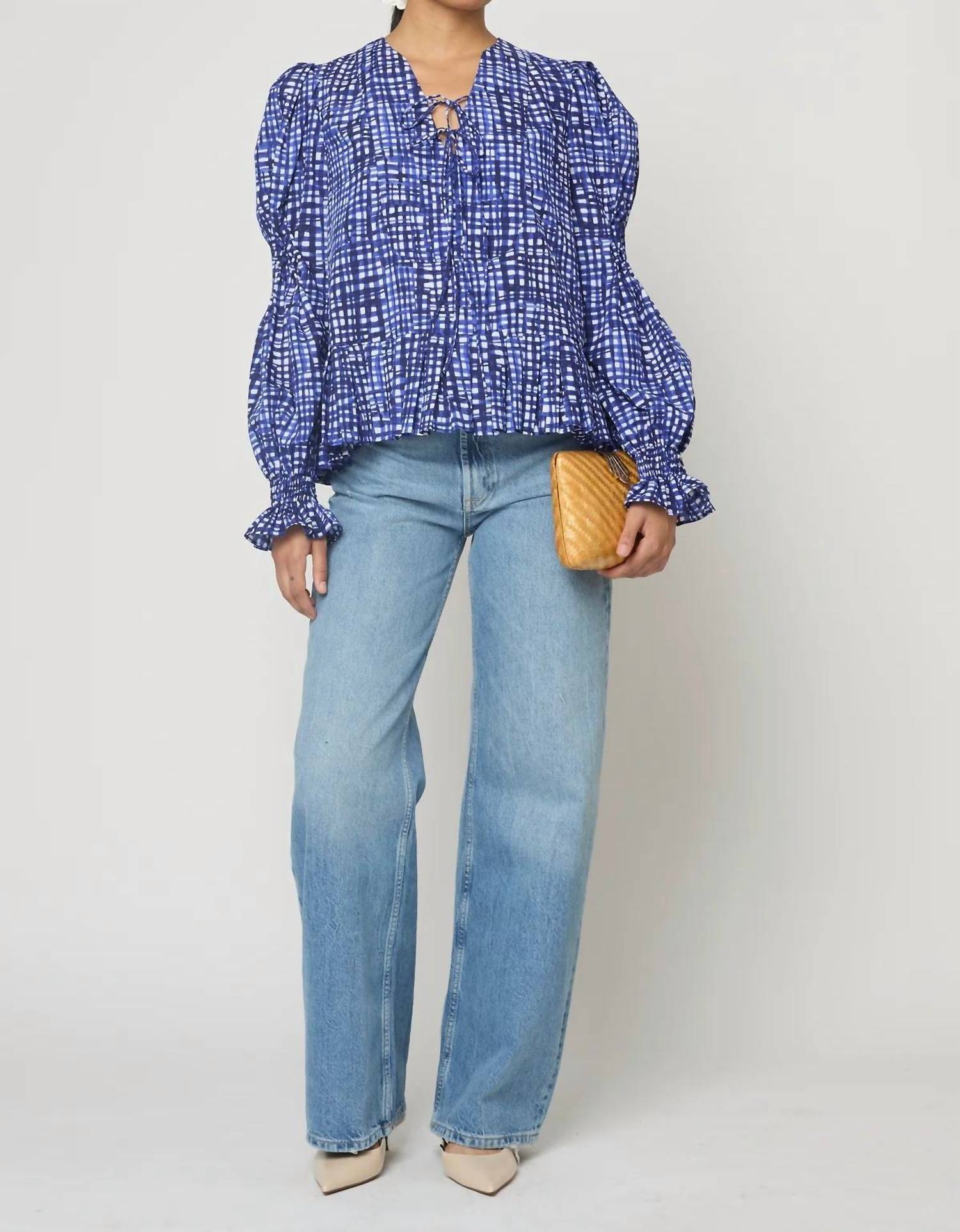 Atelier Delphine Matilda Hand-pleated Peplum Blouse in blue check - women's blouse