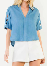 THML Women's Short Sleeve Cutout Tencel Top in blue - women's blouse