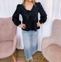 Anniewear - Deaunn Denim Tie Front Peplum Blouse