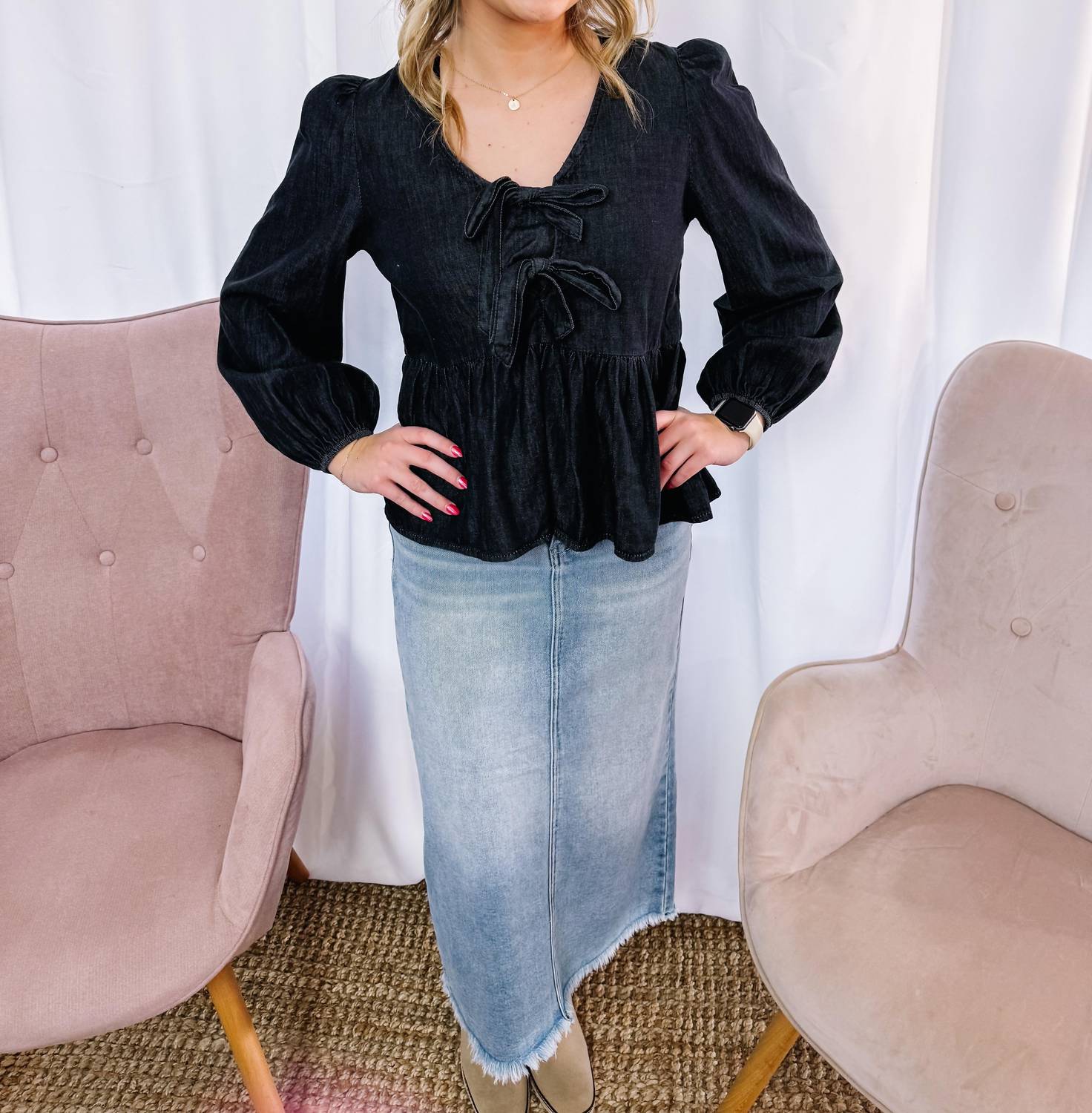 Anniewear - Deaunn Denim Tie Front Peplum Blouse