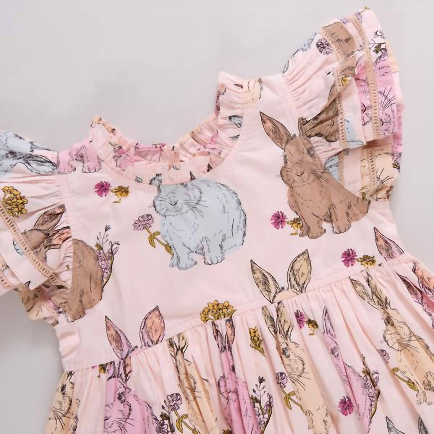PINK CHICKEN Girls' Jennifer Double Ruffle Dress in vintage bunnies - kids' dress - detail view