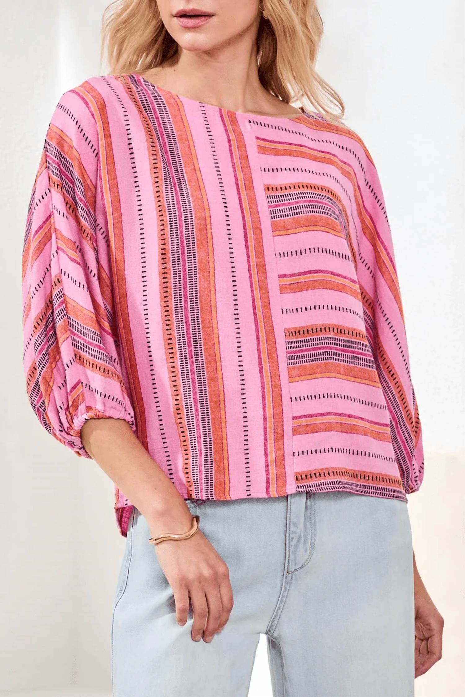 Tribal - Linen Boat Neck Dolman Sleeves Blouse