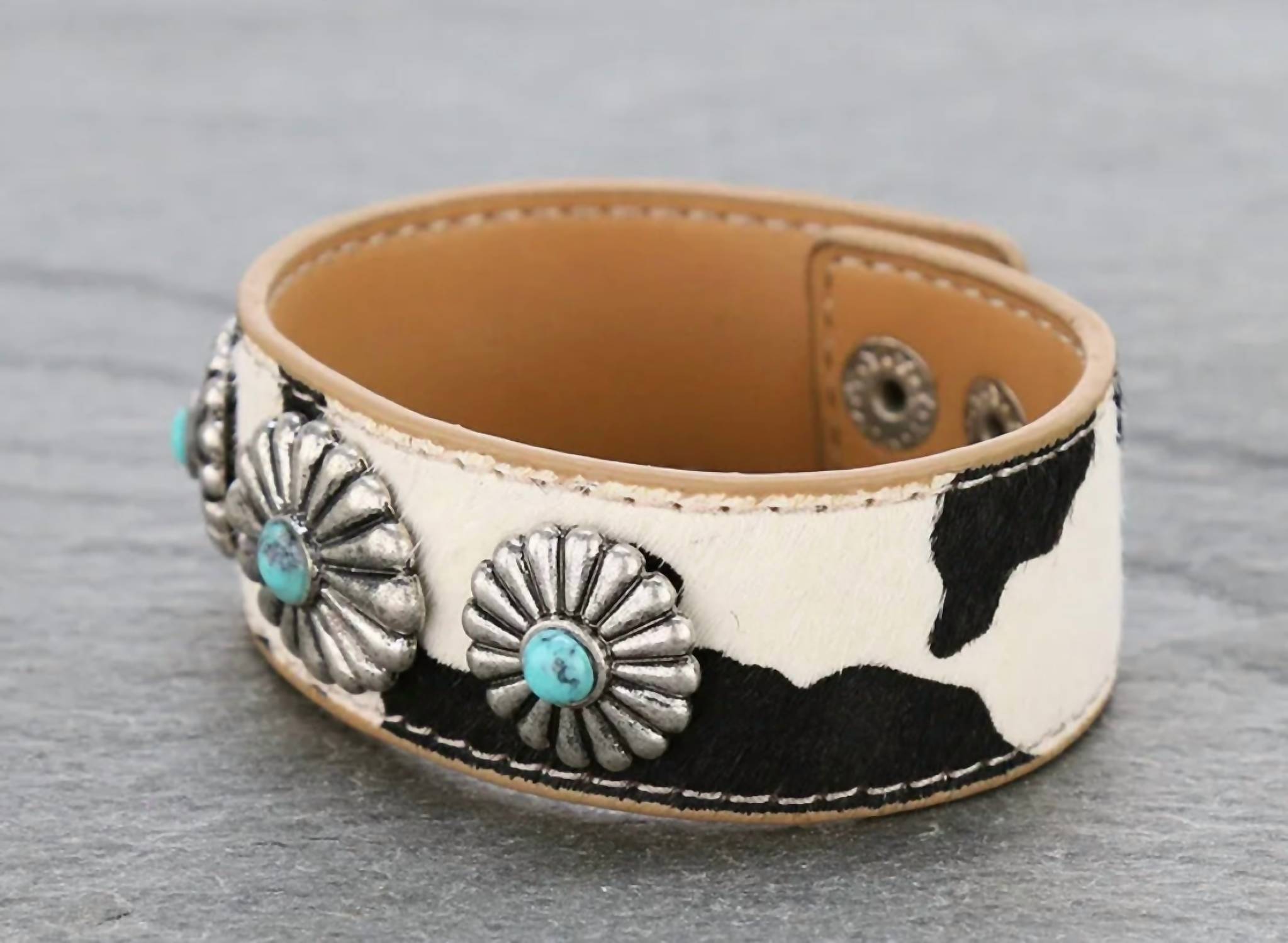 Boho Ranch Women's Cowhide Hair-on Concho Cuff Bracelet in black white - women's jewelry - detail view