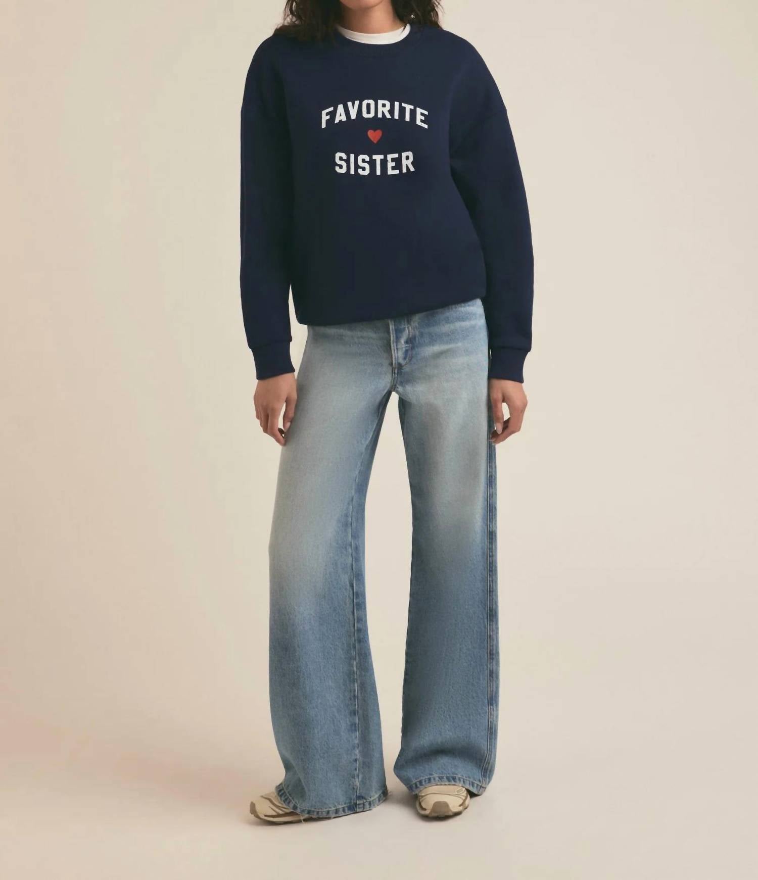 Favorite Daughter Favorite Sister Heart Logo Sweatshirt in navy - women's top - detail view