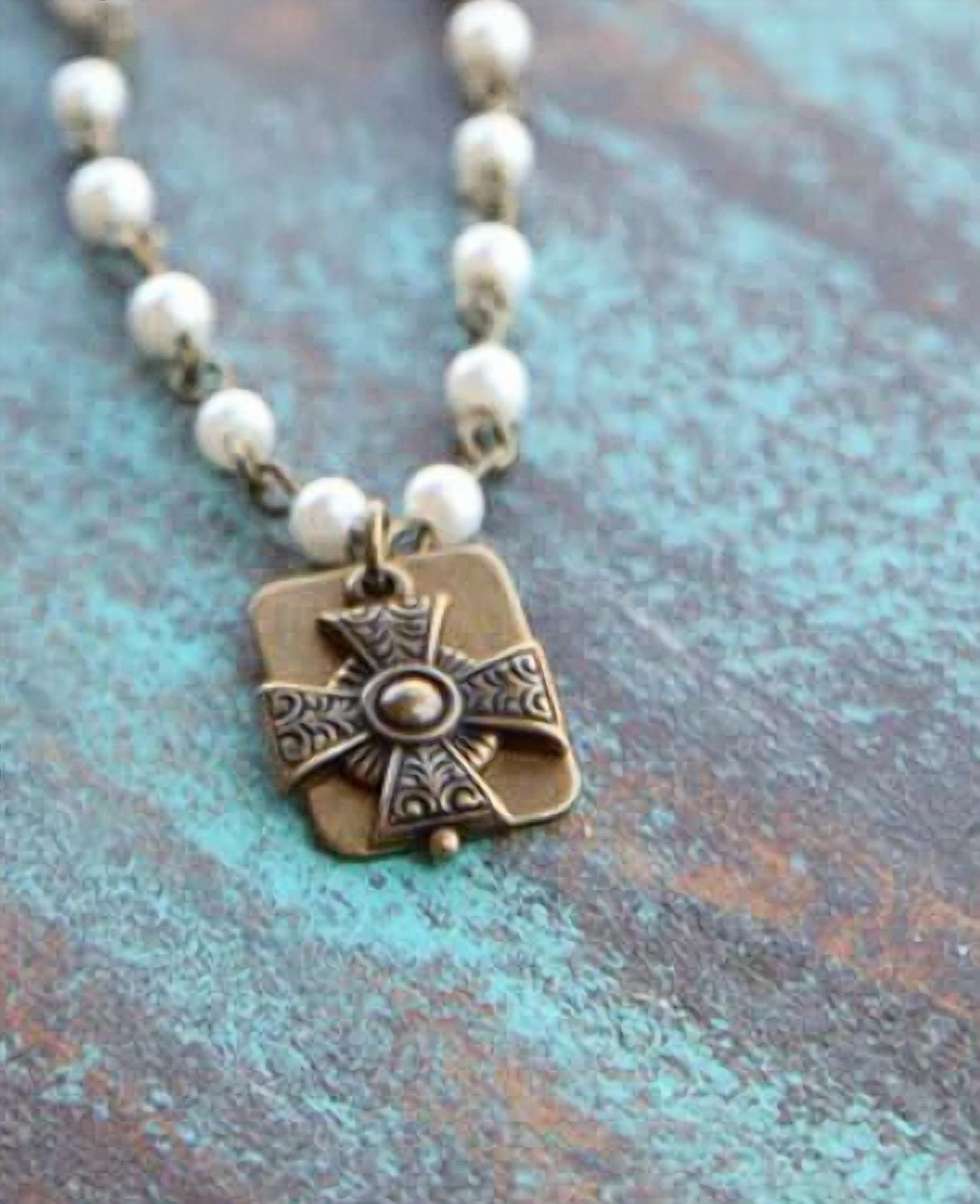 Pink Panache Women's Pearl Bead Chain Linked With Mini Iron Cross Necklace in white - women's jewelry - detail view