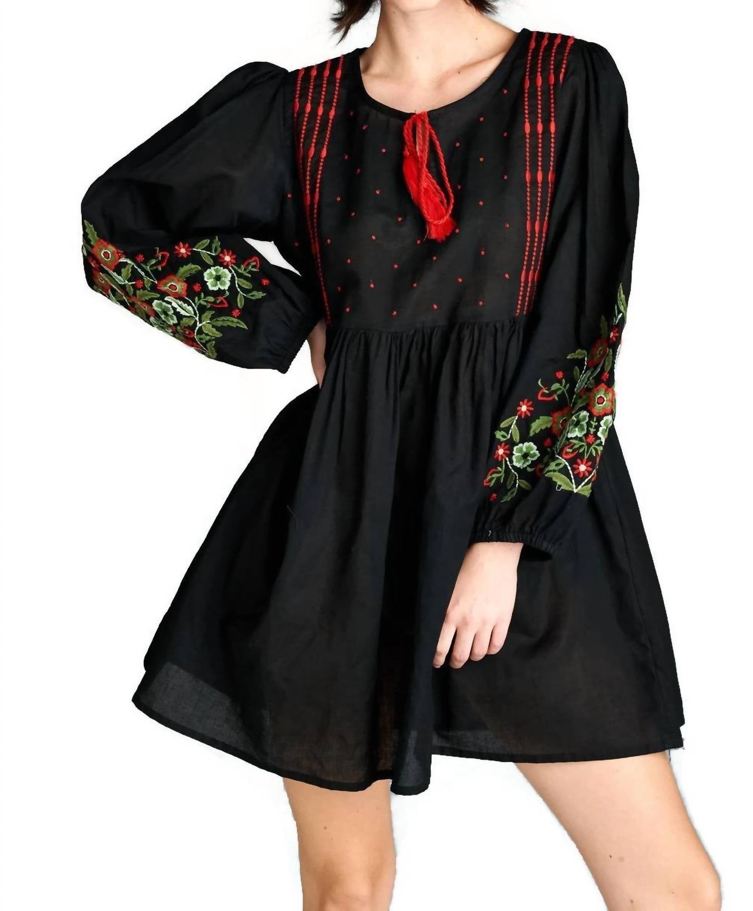 Velzera - Floral Embroidered Peasant Mini Dress - Plus
