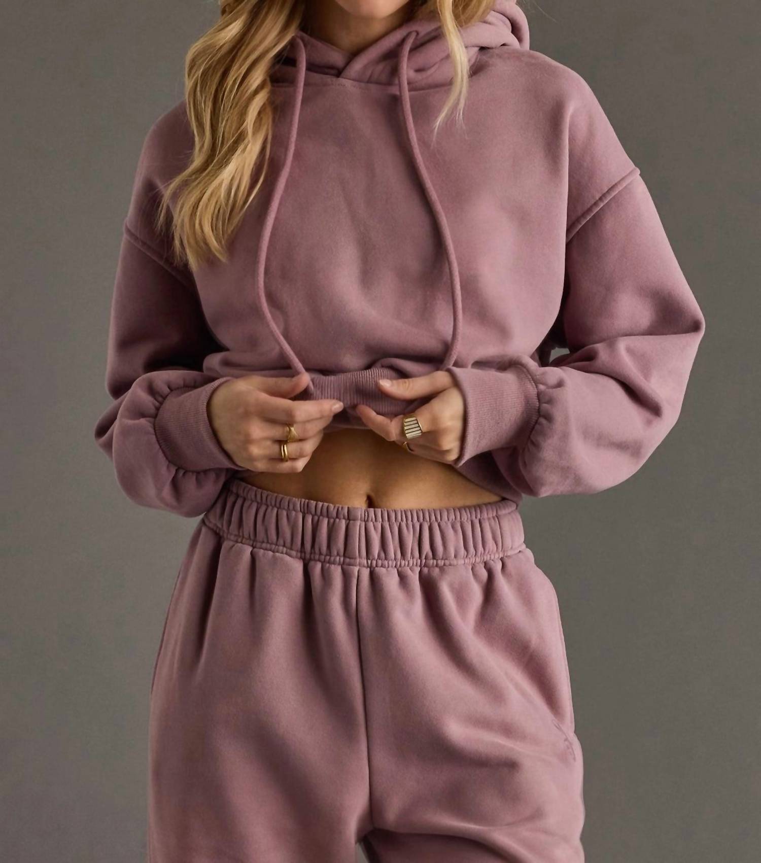 Panache Apparel Cropped Hooded Sweatshirt in dusty purple - women's top - detail view