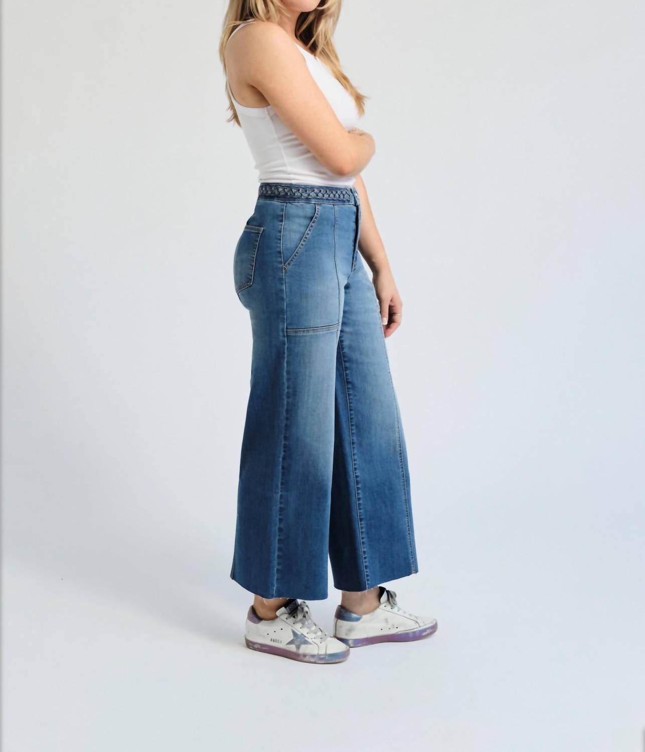 1822 Denim - High Rise Wide Leg Braided Waistband Denim Jeans