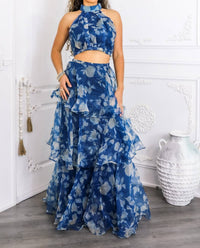 Surelymine - Tiered Ruffle Two-piece Set Halter Crop Top & Maxi Skirt