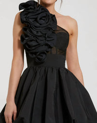 MAC DUGGAL Taffeta One Shoulder Ruffle Bubble Mini Dress in black - women's dress - alternate view